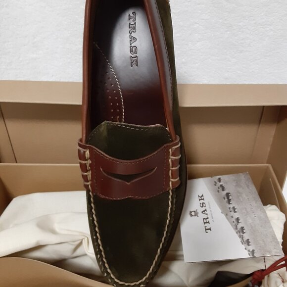 TRASK HUNTER MEN GREEN SUEDE DARK BROWN STEER LEATHER SLIP ON SHOES 11M - Picture 16 of 16